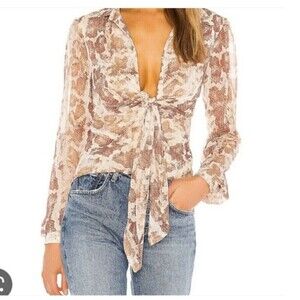 Lovers + Friends Metallic Blouse Top XS Brown Front Knot Snake Print Long Sleeve